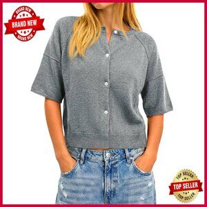 Lightweight Cropped Cardigan Sweater, Ribbed Knit, Button Down, Half Sleeve